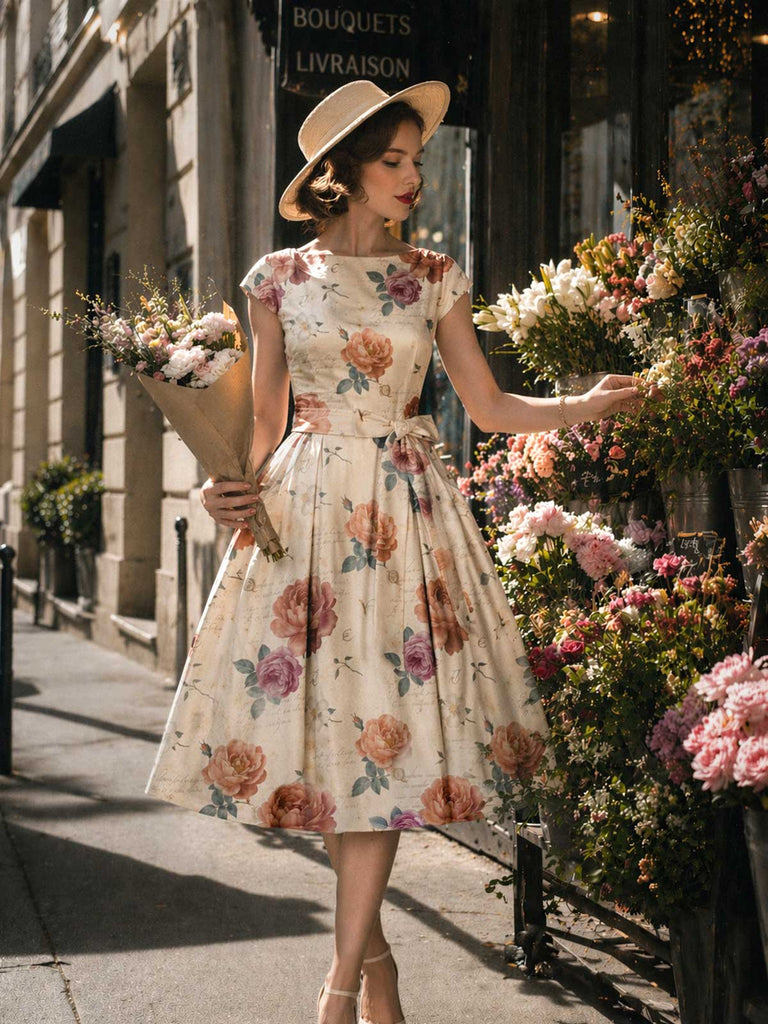 [Prevendita] Abito Midi Avorio con Rose Floreali Vintage e Fiocco Anni '50 4