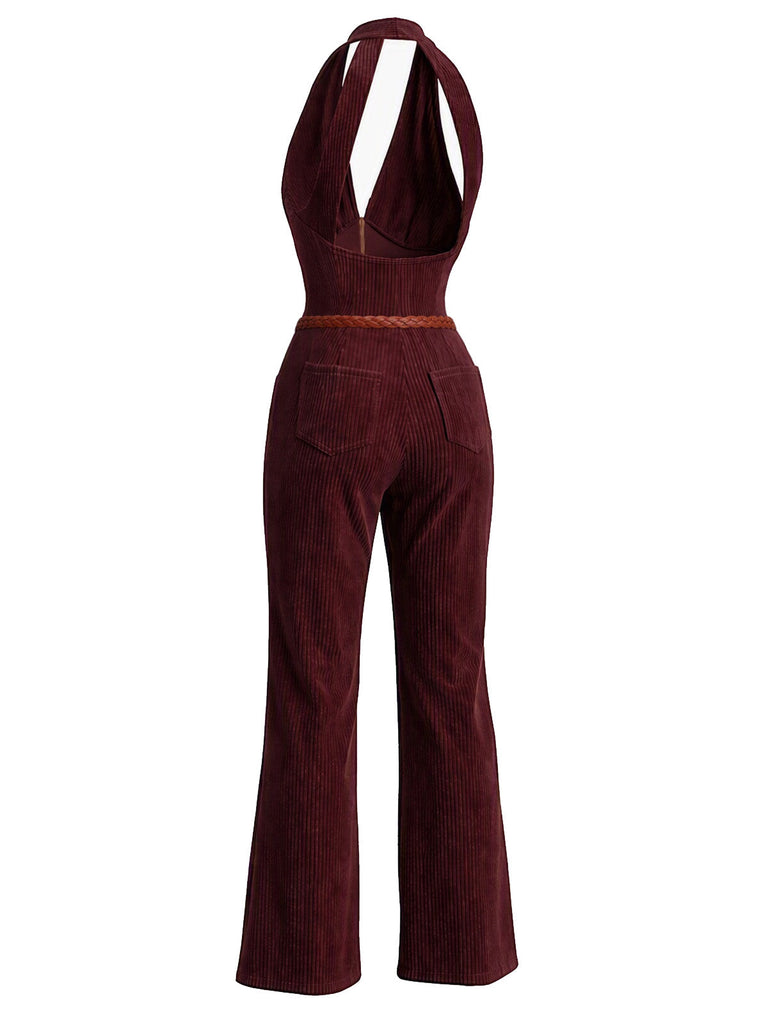 [Prevendita] Tuta Lunga Rosso Profondo Anni '60 in Velluto a Coste con Scollo All'americana e Scollo a V 3