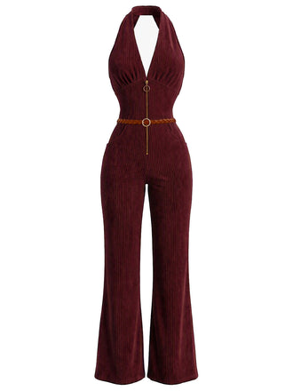[Prevendita] Tuta Lunga Rosso Profondo Anni '60 in Velluto a Coste con Scollo All'americana e Scollo a V 2