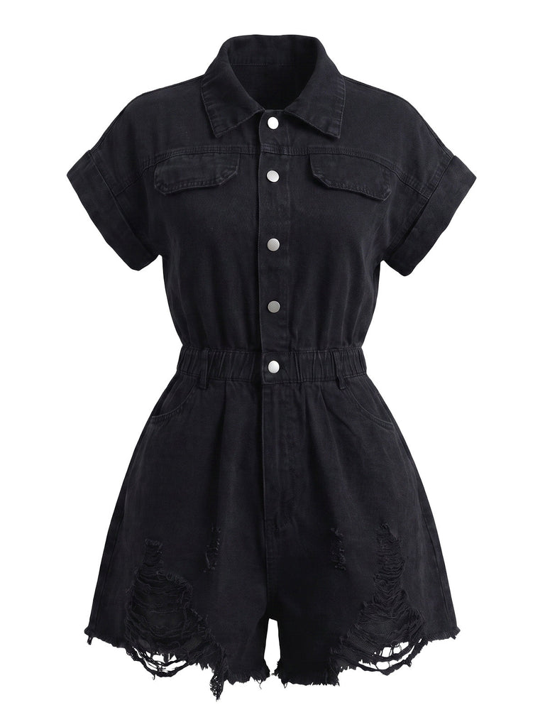 Tuta Corta Blu Anni '70 in Denim Effetto Usato Orlo Sfilacciato con Colletto 4