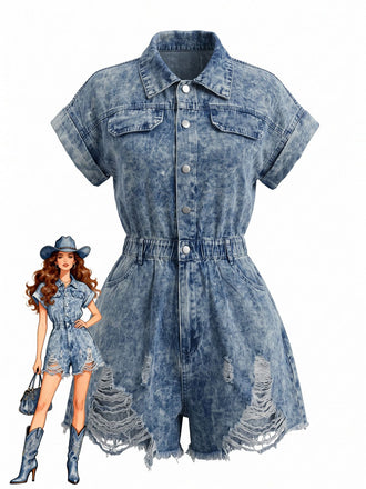 Tuta Corta Blu Anni '70 in Denim Effetto Usato Orlo Sfilacciato con Colletto