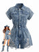 Tuta Corta Blu Anni '70 in Denim Effetto Usato Orlo Sfilacciato con Colletto