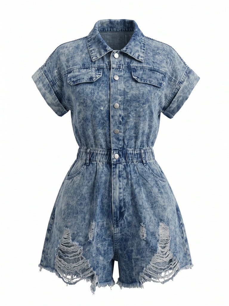 Tuta Corta Blu Anni '70 in Denim Effetto Usato Orlo Sfilacciato con Colletto 2