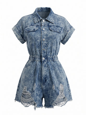 Tuta Corta Blu Anni '70 in Denim Effetto Usato Orlo Sfilacciato con Colletto 2
