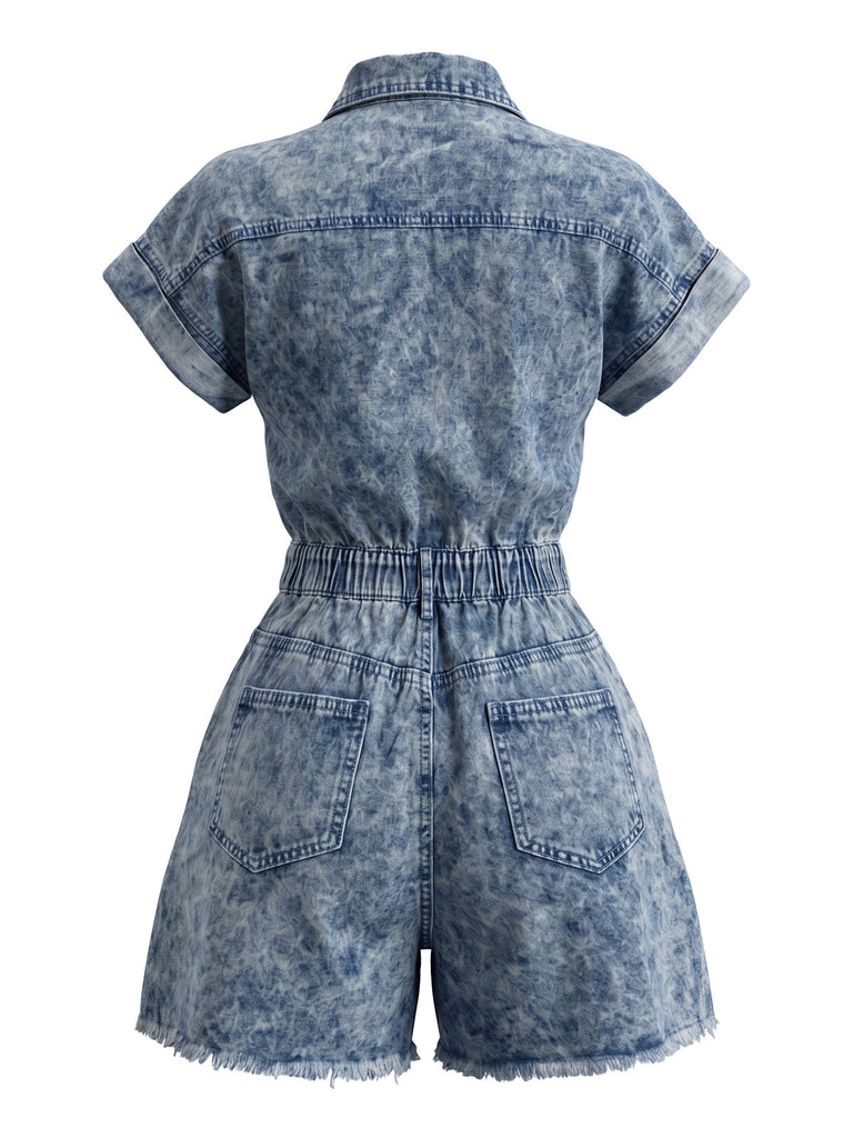 Tuta Corta Blu Anni '70 in Denim Effetto Usato Orlo Sfilacciato con Colletto 3