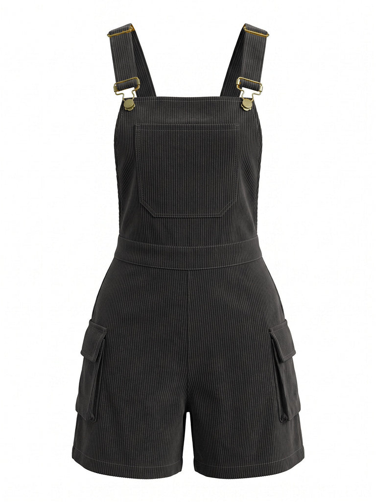 Tuta Corta Nero Anni '50 Corduroy Straight Leg con Tasca Overall