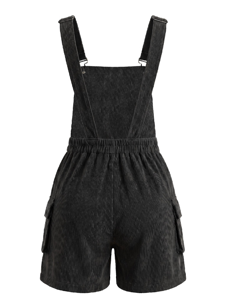 Tuta Corta Nero Anni '50 Corduroy Straight Leg con Tasca Overall 2