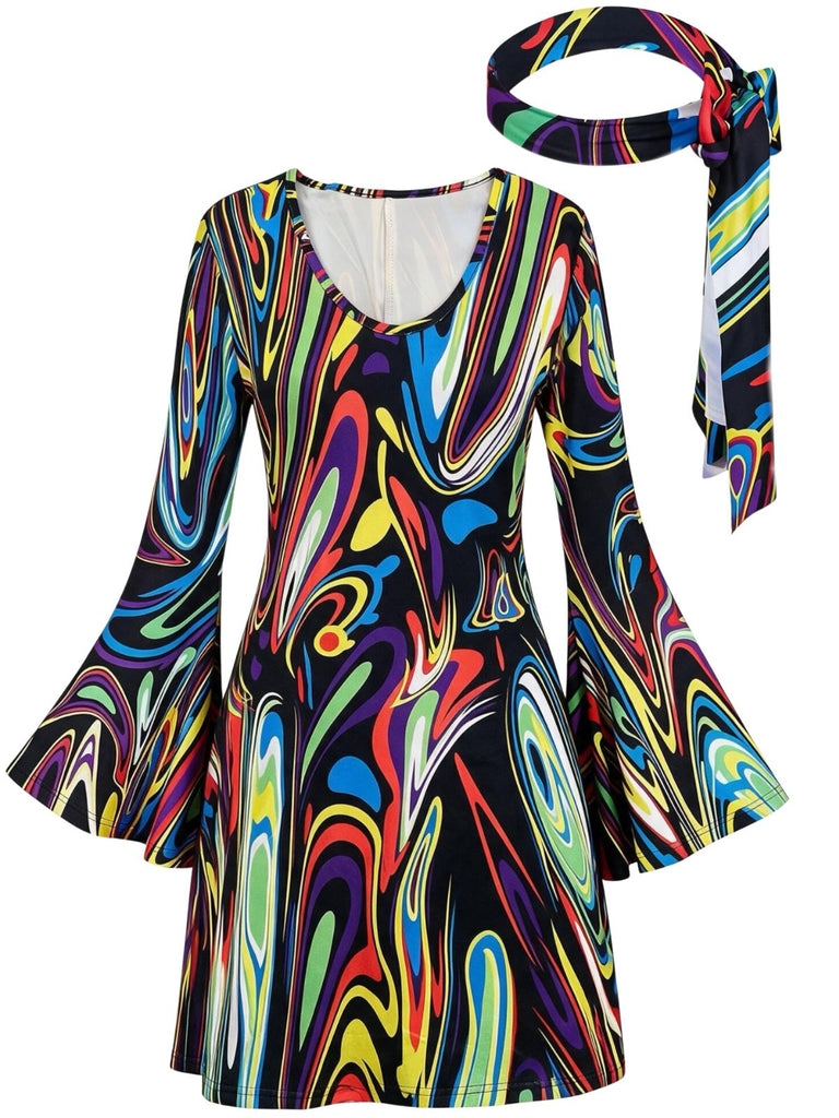 Miniabito Nero Anni '70 Psichedelico Print Maniche a Campana con Headband