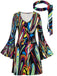 Miniabito Nero Anni '70 Psichedelico Print Maniche a Campana con Headband