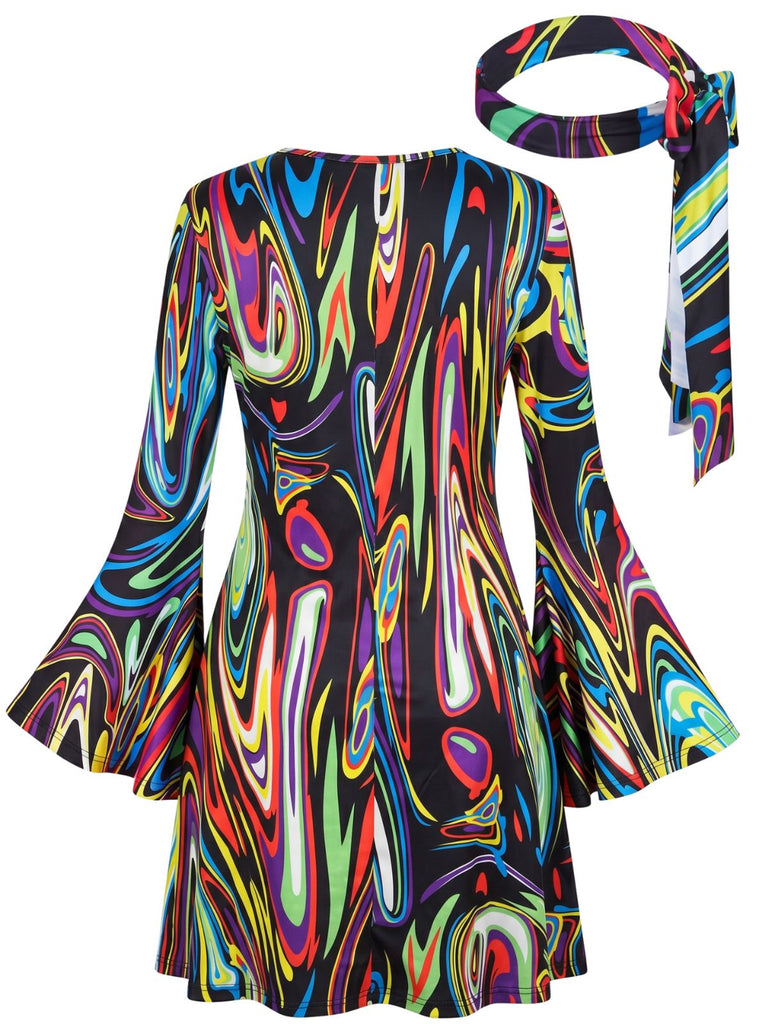 Miniabito Nero Anni '70 Psichedelico Print Maniche a Campana con Headband 2