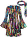 Miniabito Nero Anni '70 Psichedelico Print Maniche a Campana con Headband 2