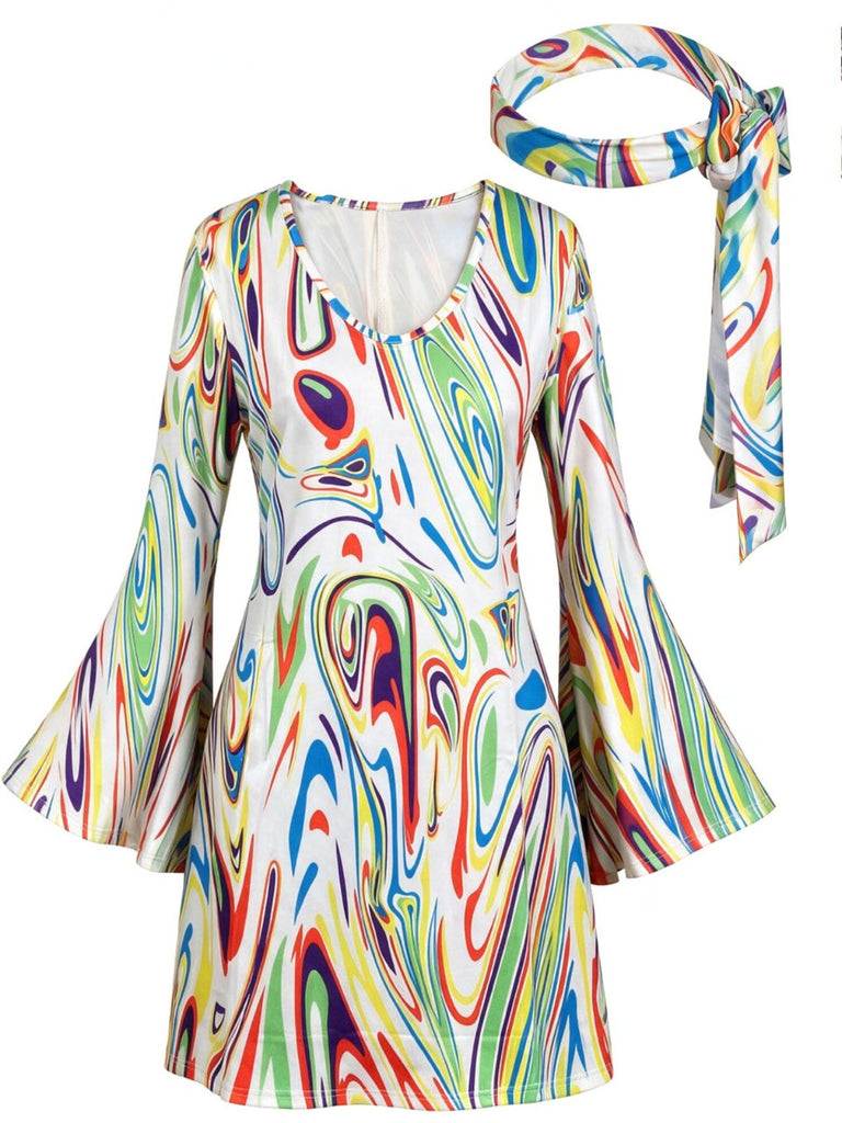Miniabito Nero Anni '70 Psichedelico Print Maniche a Campana con Headband 3