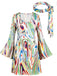 Miniabito Nero Anni '70 Psichedelico Print Maniche a Campana con Headband 3