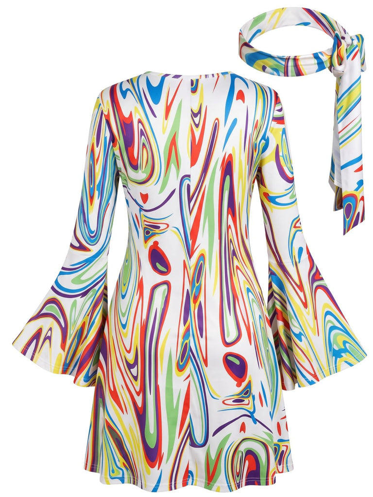 Miniabito Nero Anni '70 Psichedelico Print Maniche a Campana con Headband 4