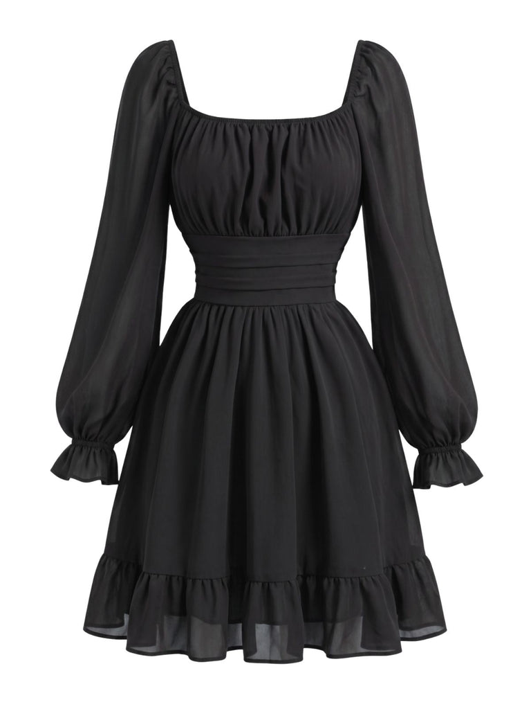 Abito Arricciato in Chiffon con Scollo Quadrato e Maniche Lunghe Anni '50 4
