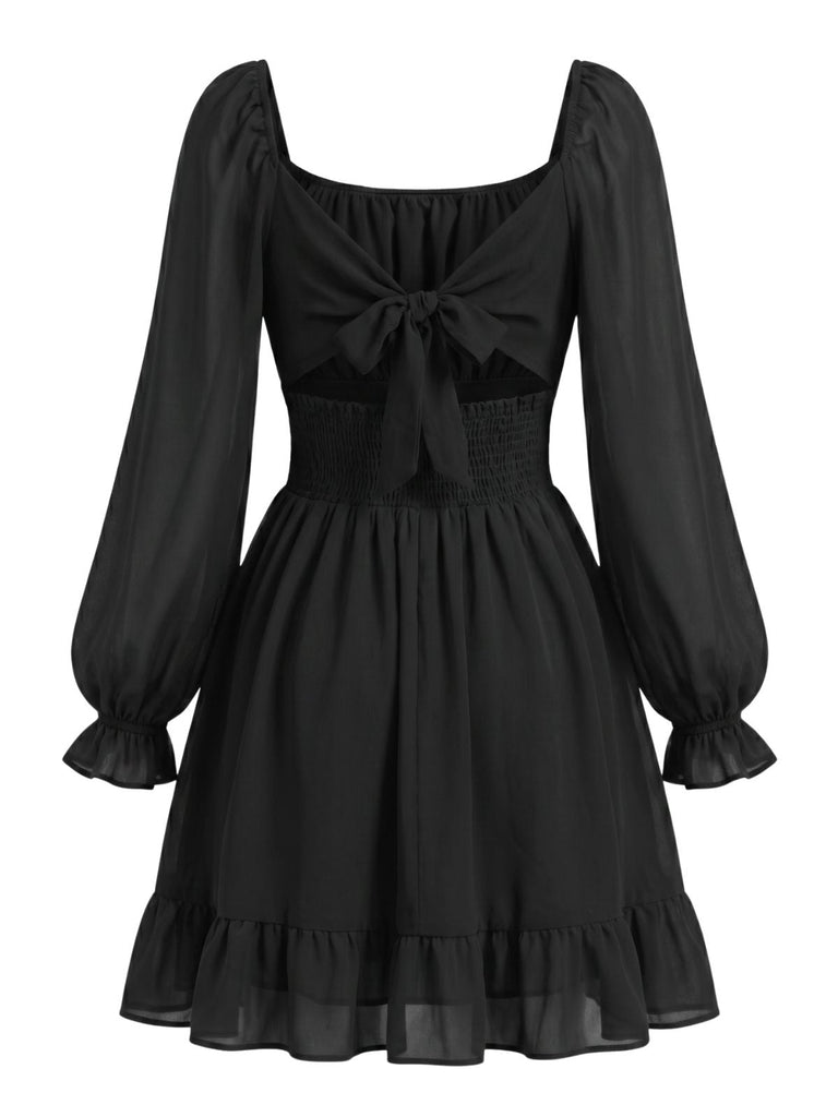 Abito Arricciato in Chiffon con Scollo Quadrato e Maniche Lunghe Anni '50 5