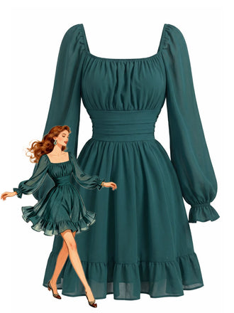 Abito Arricciato in Chiffon con Scollo Quadrato e Maniche Lunghe Anni '50