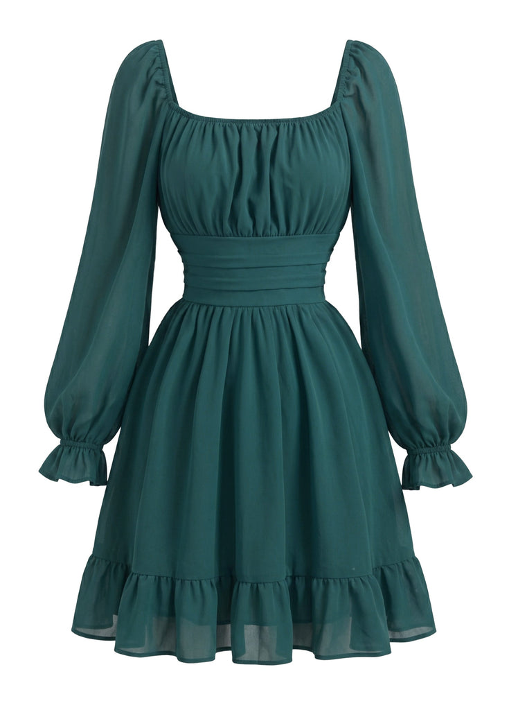 Abito Arricciato in Chiffon con Scollo Quadrato e Maniche Lunghe Anni '50 2