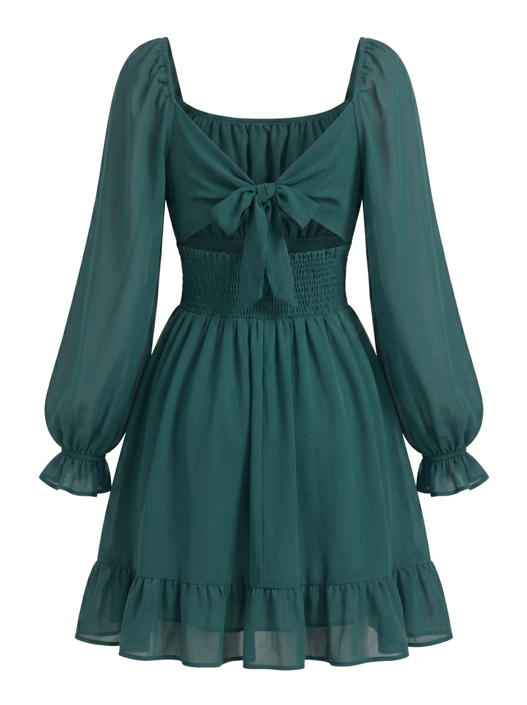 Abito Arricciato in Chiffon con Scollo Quadrato e Maniche Lunghe Anni '50 3