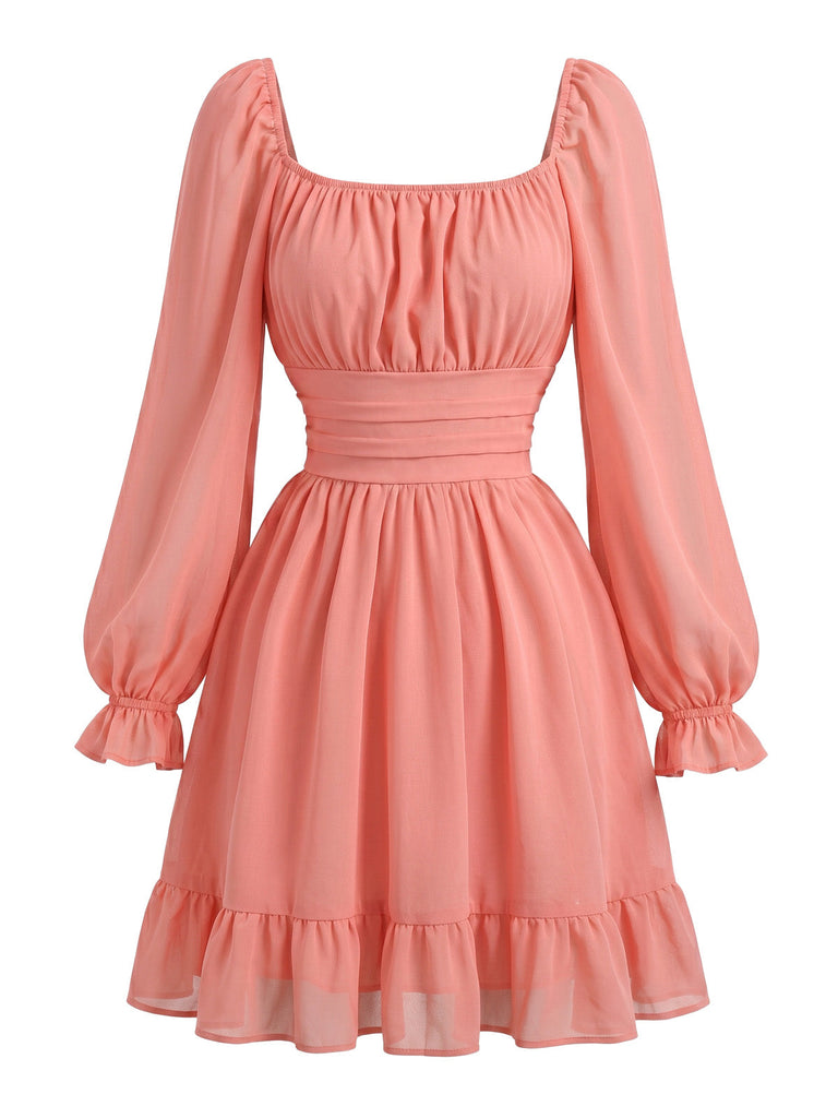 Abito Arricciato in Chiffon con Scollo Quadrato e Maniche Lunghe Anni '50 6