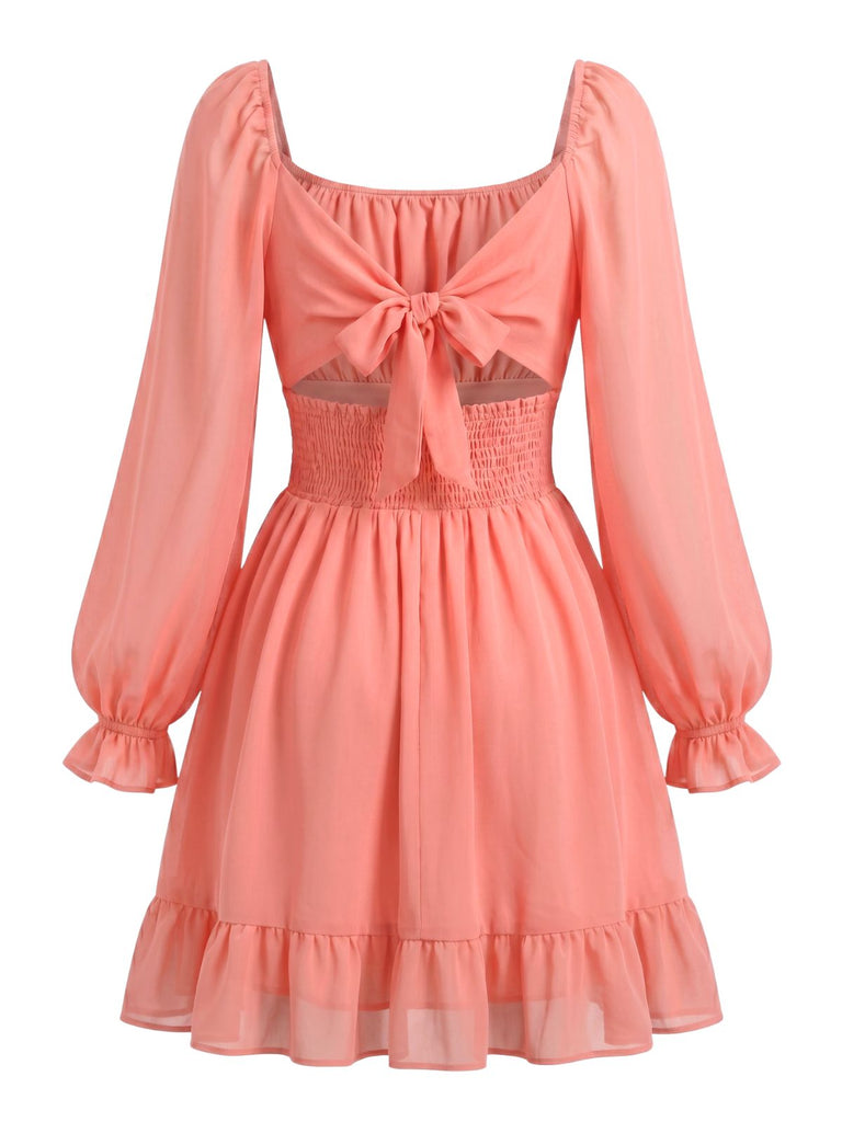 Abito Arricciato in Chiffon con Scollo Quadrato e Maniche Lunghe Anni '50 7