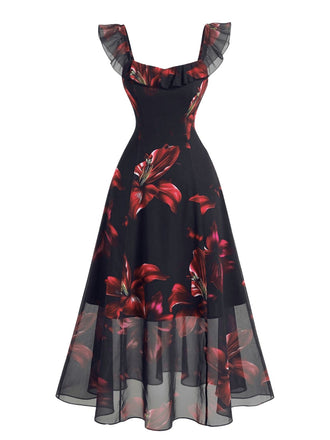 Abito Nero Anni '40 Red Lily Print Maniche con Volant in Rete 2