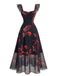 Abito Nero Anni '40 Red Lily Print Maniche con Volant in Rete 2
