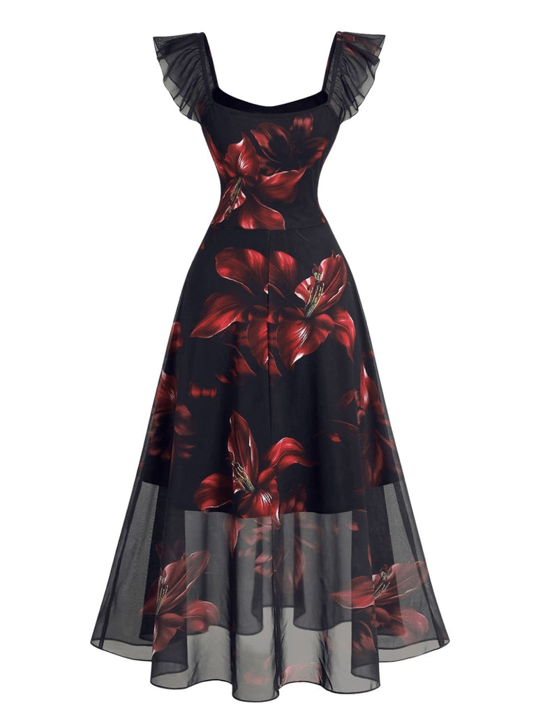 Abito Nero Anni '40 Red Lily Print Maniche con Volant in Rete 3