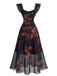Abito Nero Anni '40 Red Lily Print Maniche con Volant in Rete 3