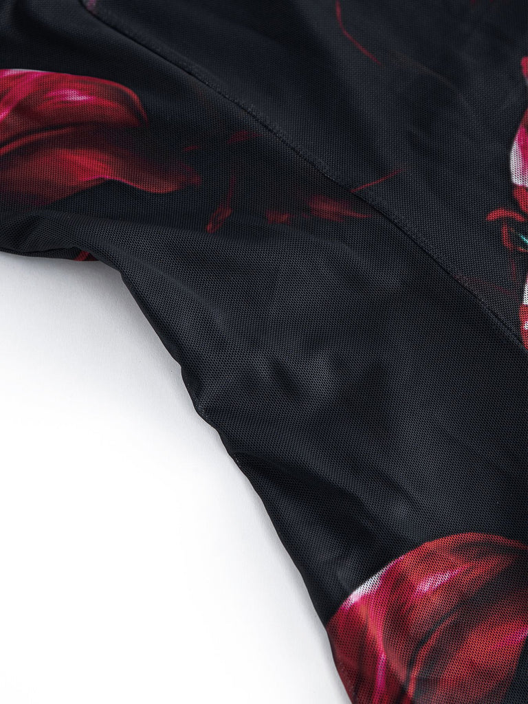 Abito Nero Anni '40 Red Lily Print Maniche con Volant in Rete 4