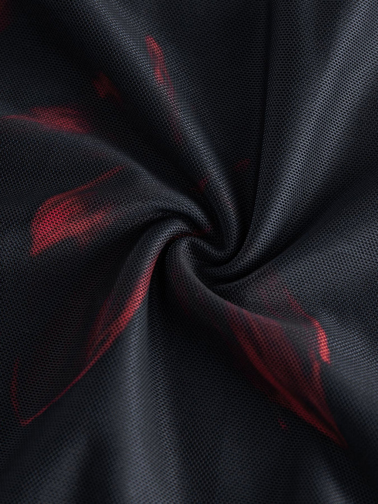 Abito Nero Anni '40 Red Lily Print Maniche con Volant in Rete 5