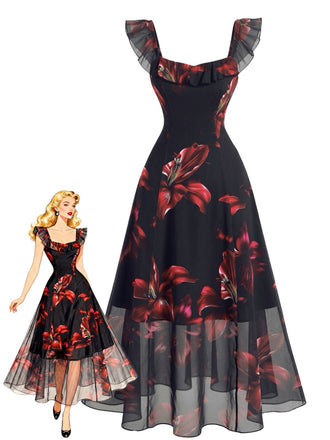 Abito Nero Anni '40 Red Lily Print Maniche con Volant in Rete