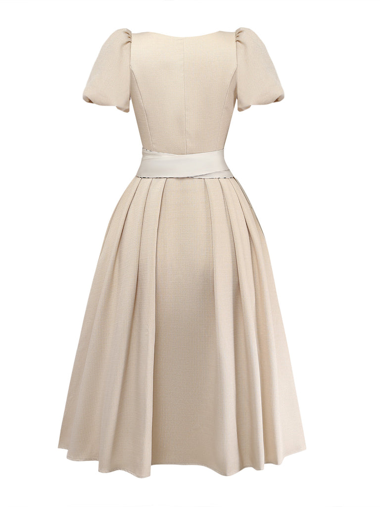 2PCS Abito Beige Anni '50 Maniche a Sbuffo Scollo Quadrato e Grembiule 2