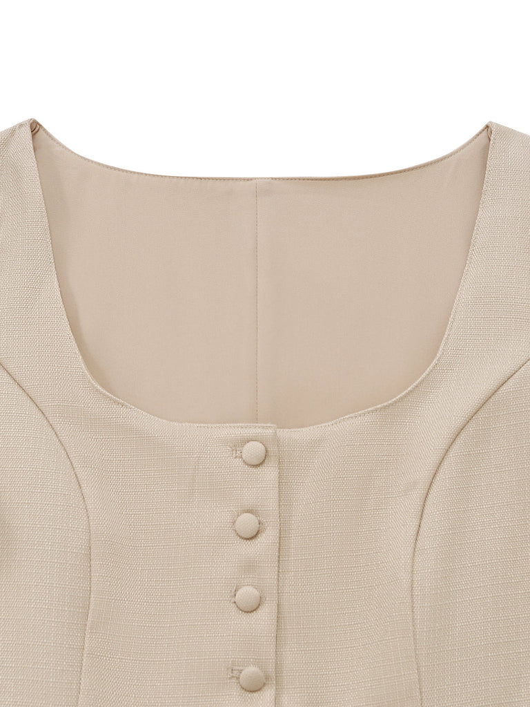 2PCS Abito Beige Anni '50 Maniche a Sbuffo Scollo Quadrato e Grembiule 3