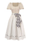 2PCS Abito Beige Anni '50 con Maniche a Sbuffo e Scollo Quadrato e Grembiule