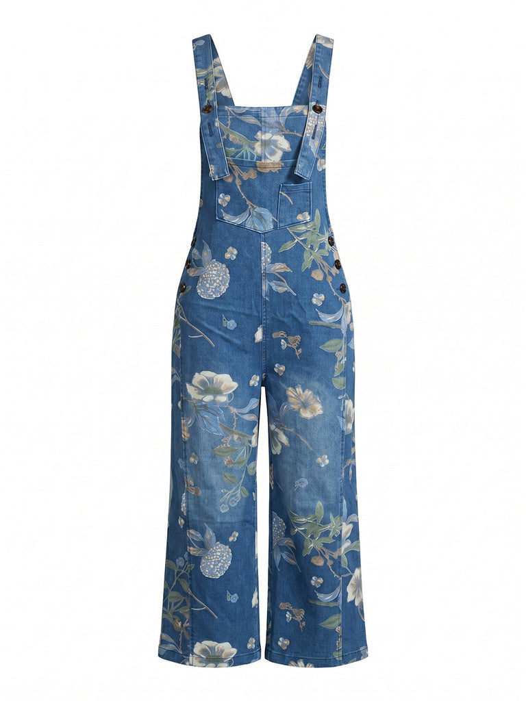 Salopette in Denim Blu Profondo con Stampa Floreale e Tasche Anni '50