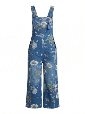 Salopette in Denim Blu Profondo con Stampa Floreale e Tasche Anni '50
