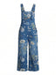 Salopette Blu Profondo Anni '50 in Denim con Stampa Floreale e Tasche