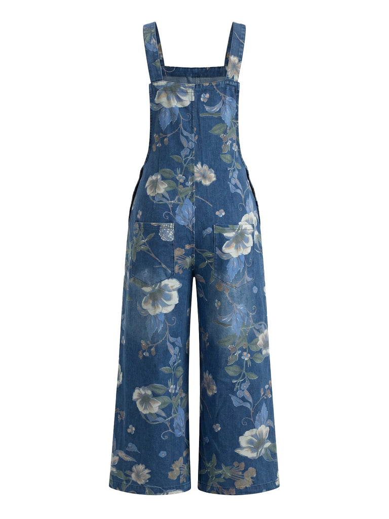 Salopette in Denim Blu Profondo con Stampa Floreale e Tasche Anni '50 2