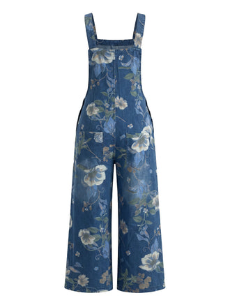 Salopette in Denim Blu Profondo con Stampa Floreale e Tasche Anni '50 2