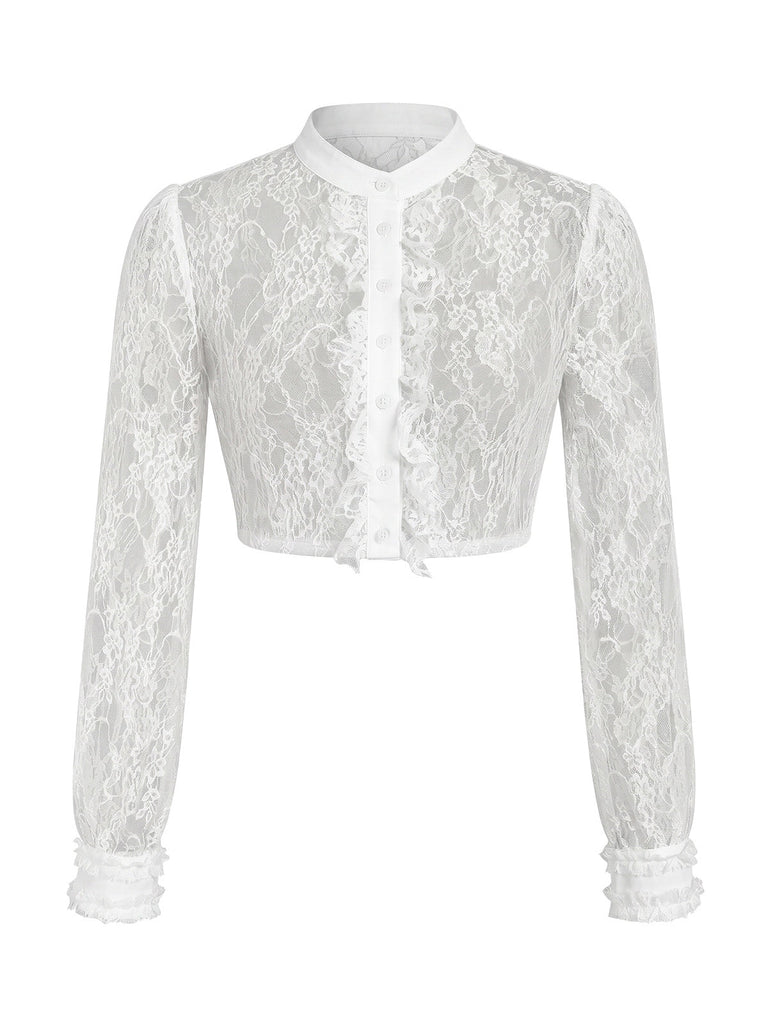 Camicetta Bianco Anni '50 in Pizzo Collo Alla Coreana con Volant Cropped