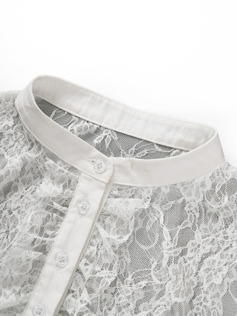 Camicetta Bianco Anni '50 in Pizzo Collo Alla Coreana con Volant Cropped 3
