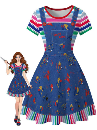 Abito Blu Anni '40 Rainbow a Righe in Denim Grafico