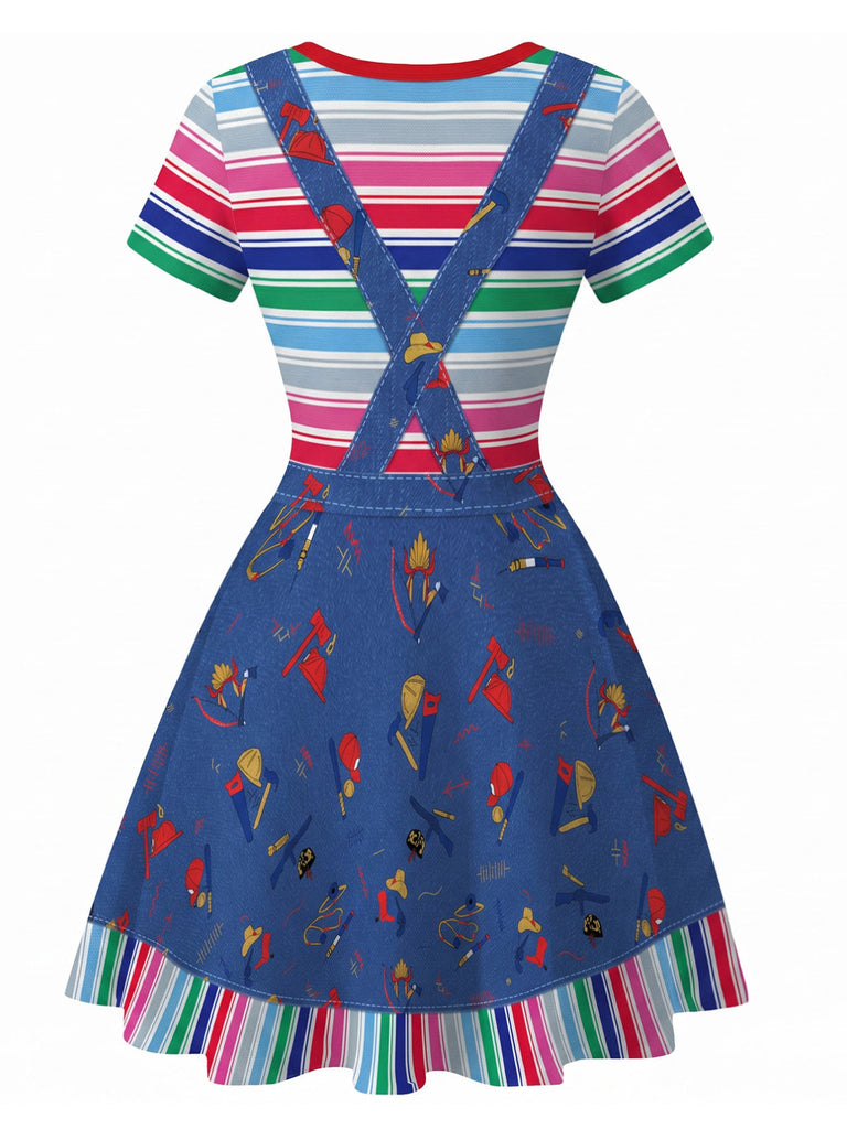 Abito Blu Anni '40 Rainbow a Righe in Denim Grafico 3