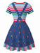 Abito Blu Anni '40 Rainbow a Righe in Denim Grafico 3