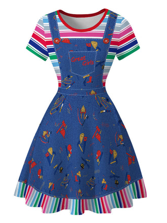 Abito Blu Anni '40 Rainbow a Righe in Denim Grafico 2