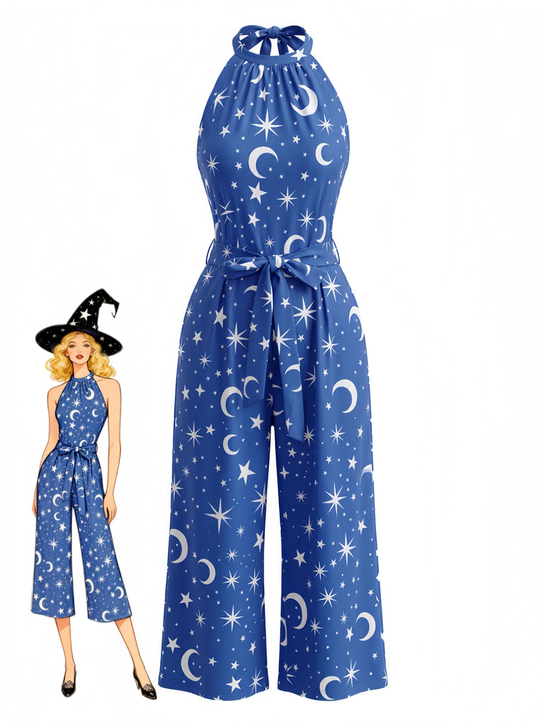 Tuta Lunga Blu Anni '30 Star Moon con Scollo all'Americana Wide-leg Halloween