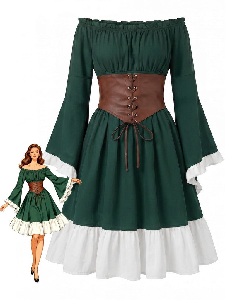 Abito Verde Scuro Anni '70 Spalle Scoperte Maniche a Campana con Allacciatura Corsetto Cintura