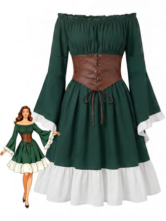 Abito Verde Scuro Anni '70 Spalle Scoperte Maniche a Campana con Allacciatura Corsetto Cintura