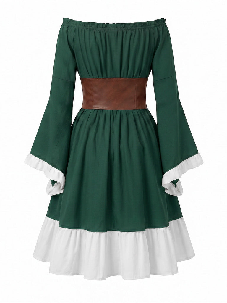 Abito Verde Scuro Anni '70 Spalle Scoperte Maniche a Campana con Allacciatura Corsetto Cintura 3